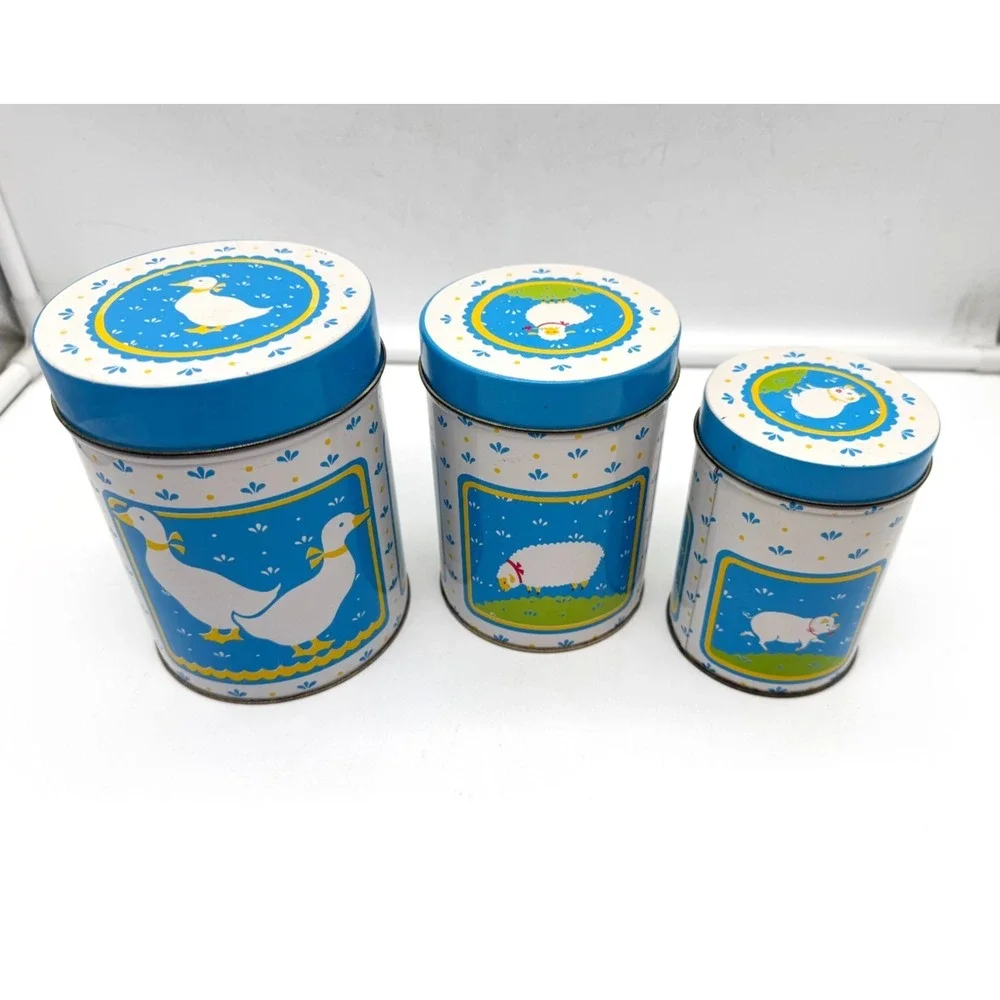 W.A. Vintage 1984 Country Farm Animals Nesting Tin Canister Set Blue 3 Piece